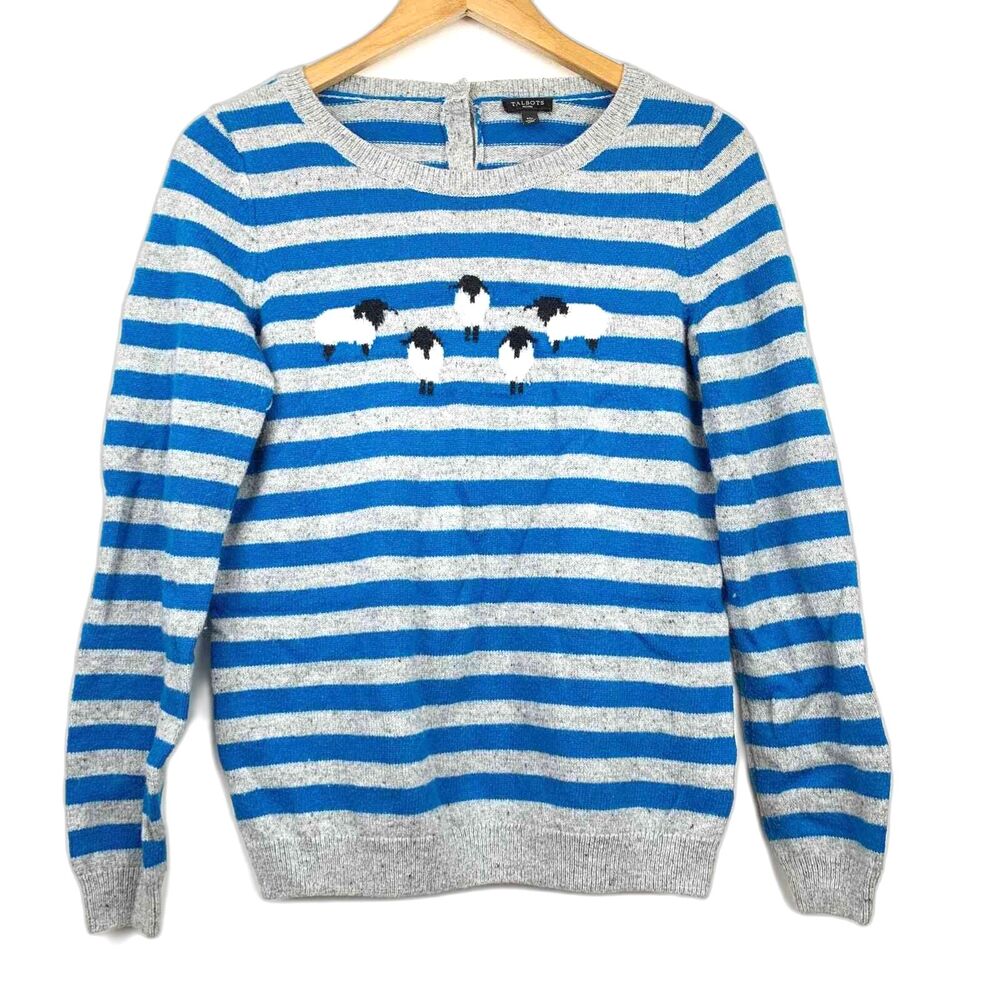 TALBOTS Gray & Blue Striped Sheep Sweater Womens Size MP